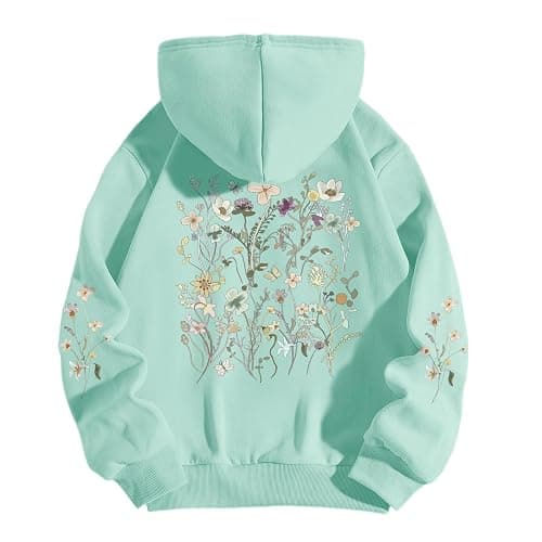 Sulayesh Women's Floral Printed Hoodies Vintage Aesthetic Flower Graphic Sweatshirt Cute Boho Fleece Thermal Hoodie Pullover - Light Green - Large - Image 1