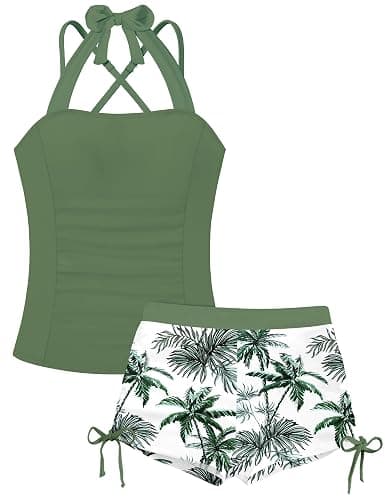 TALLWH Girls Swimsuit 2 Piece Halterneck Tankinis with Back Cross Straps Drawstring Shorts Girls Bathing Suit for Teens 9-18Y - Image 1