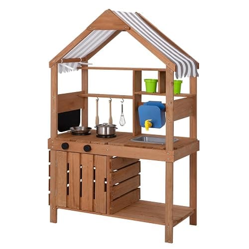 OOOK Mud Kitchen for Kids Outdoor, Kids Kitchen Playset with Canopy, Gardening Tools, Chalkboard, Flower Pot, Cookingware, Removable Water Tank, for Boys and Girls 3+, Solid Fir Wood - Image 1