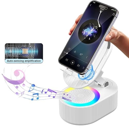 AKLLCCR Wireless Induction Audio Bluetooth Speaker 5in1 Phone Holder Emergency Rechargeable (3000mAh) with Colorful Ambient Light 300° Foldable for Tablet iPhone Android, Gifts for Men Women (White) - White - Image 1
