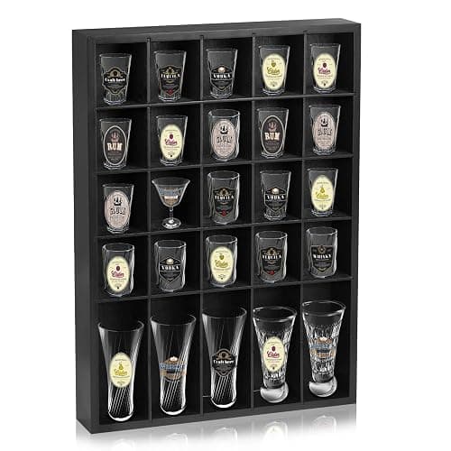 DARCKLE Shot Glass Display Case for Wall, Wood Holds Set of 30 Glasses Shot Glass Holder Display Shelf, 17'' x 12''-3'' x 2'' (Black, 1PCS) - Image 1