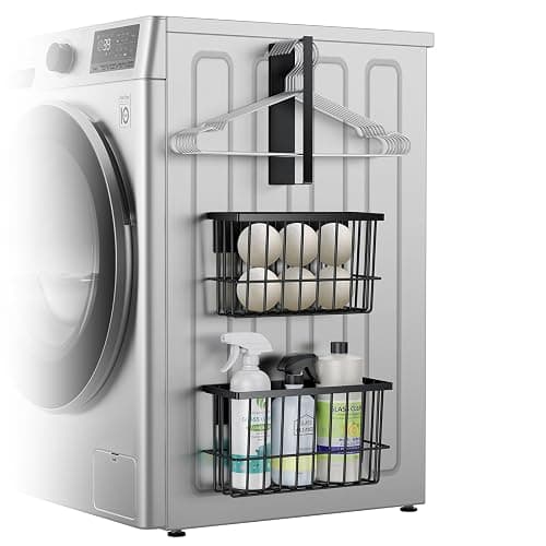 Laundry Room Organization and Storage Magnetic Dryer Ball Holder with Magnetic Hanger Holder, Magnetic Lint Bin for Washer Dryer, Iron Basket Dryer Ball Container, Magnetic Laundry Organizer (Black) - Image 1