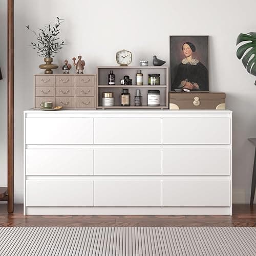 Hitow 9 Drawer Dresser for Bedroom with Deep Drawers, Large Floor Wood Dressers & Chest of Drawers Handle Free, Modern White Long Dressers for Closet Living Room, Euro Slide (63"W x 15.7"D x 31.5"H) - White-euro Slide - Image 1