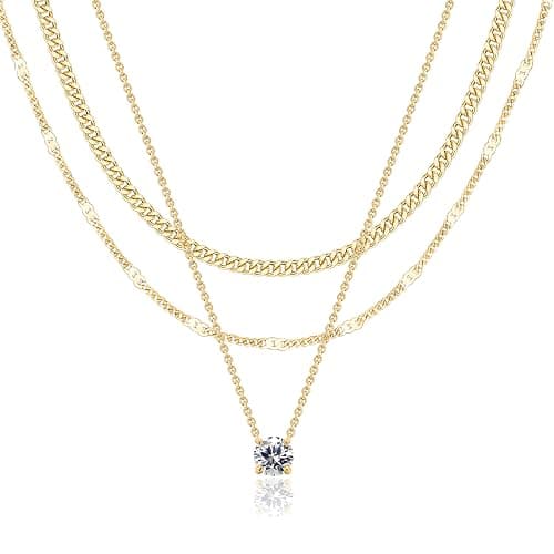 WomenGifts Layered Gold Necklaces for Women, 14K Gold Silver Plated Dainty Pendant Necklace Set with Cubic Zirconia Circle, Chunky Stackable Cuban Chain Choker, Trendy Waterproof Jewelry Gift - Image 1