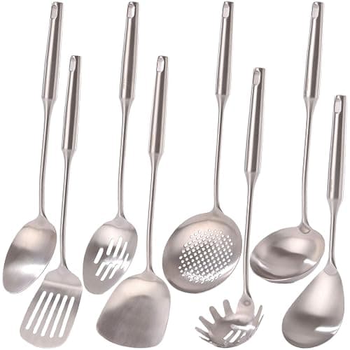 18/10 Stainless Steel Kitchen Utensils Set - 15” All Metal Cooking Tools & Serving Utensils, 8 PCS - Solid Spoon, Slotted Spoon, Spatula, Ladle, Skimmer, Tunner, Spaghetti Spoon, Large Spoon Set - Image 1