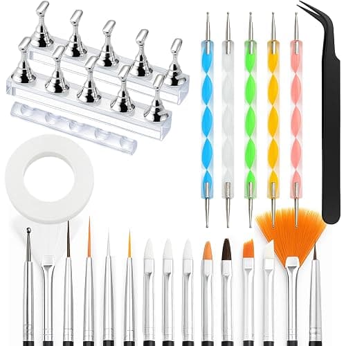 Nail Art Tools Set – 15pcs Nail Brushes, 5pcs Dual-Ended Dotting Pens, Nail Stand & Holder Kit with Brush Rack, Tweezers & Double-Sided Tape for DIY Nail Design & Press On Nails - Image 1