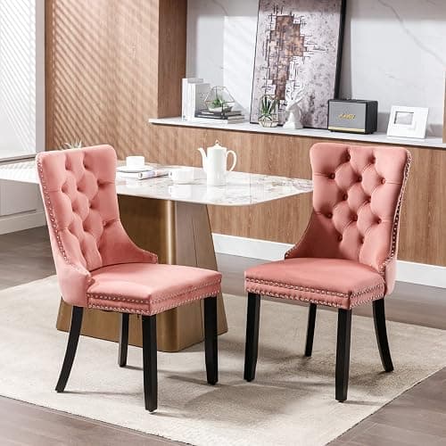 Beuiosda Pink Dining Chairs Set of 2 -Modern Velvet Upholstered Dining Chair with Ergonomic Tufted Backrest and Solid Wood Legs, Easy Assembly for Kitchen, Dining Room, Living Room, Restaurant - Image 1
