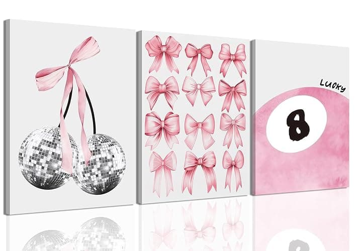 Trendy Pink Bows Wall Art Set of 3 Coquette Preppy Cherry Wall Decor Light Pink Cute Girly Lucky 8 Ball Canvas Poster Prints Aesthetic for College Dorm Living Room Bedroom Framed 12x16 Inch - Image 1