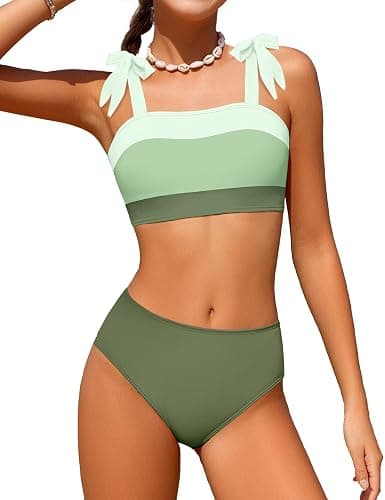 KANGKANG Girls Swimsuit Solid Color Block Adjustable Straps Teen Girl Bikini Set Kids Bathing Suits for Girls Size 7-16 - Image 1