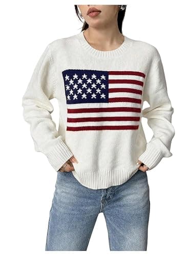 SweatyRocks Women's Flag Pattern Long Sleeve Round Neck Sweater Casual Loose Pullover Sweater - Image 1