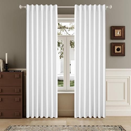 DUALIFE 100% Blackout Linen Pure White Curtains 84 Inch for Living Room Darkening, Bedroom Linen Drapes 84 Inches Long Rod Pocket/Back Tab Heat Blocking Bohemian Pleated Window Curtain(50"x84"x2) - Image 1