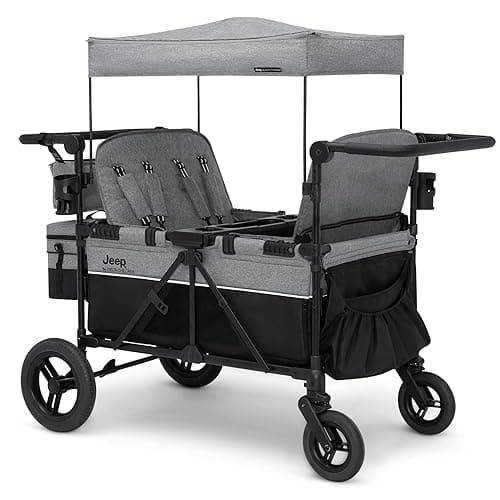 Jeep Wrangler Deluxe 4 Seater Stroller Wagon by Delta Children - Premium Quad Stroller Wagon for 4 Kids with Convertible Seats, Adjustable Push/Pull Handles, Removable Canopy & Flat Fold, Grey - Image 1