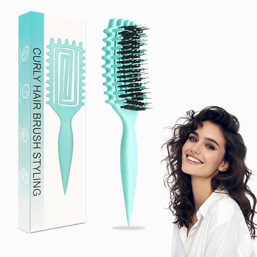Curl Defining Brush for Curly Hair, Curved Vented Brush for Faster Drying Hair, Detangling and Shaping to Reduce Pulling (Green) - Image 1