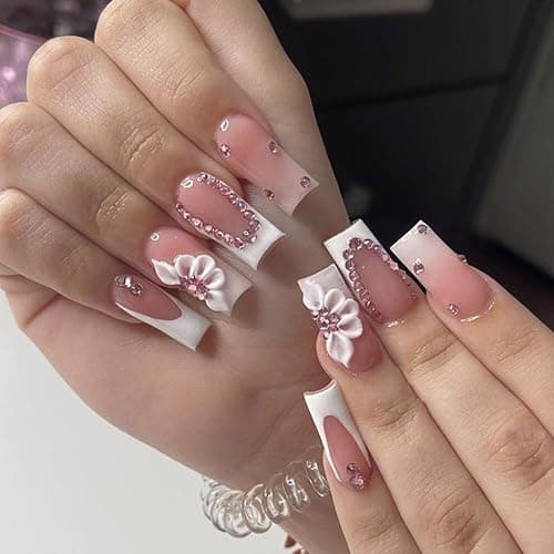 POKENGDA Medium Press on Nails Design,Nail glue included,Sqaure Acrylic Bling Fake Nails,Reusable Butterfly Acrylic Daily False Nail Kits for Women - Image 1
