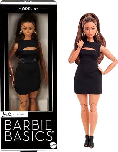 Barbie Basics Model 05 Collector Doll with Brunette Hair, Black Mini Dress & Heels, Universal-fit Fashions, Posable Curvy Body & Swappable Doll Head - Image 1