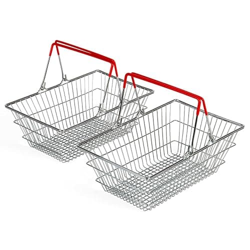 Bigjigs Toys Shopping Baskets | Set of 2 Realistic Metal Grocery Shop Toy | Comes with Small Collapsible Red Handles for Easy Storage | Accessories for Pretend Play | Toddler Gifts for Age 3+ - Image 1