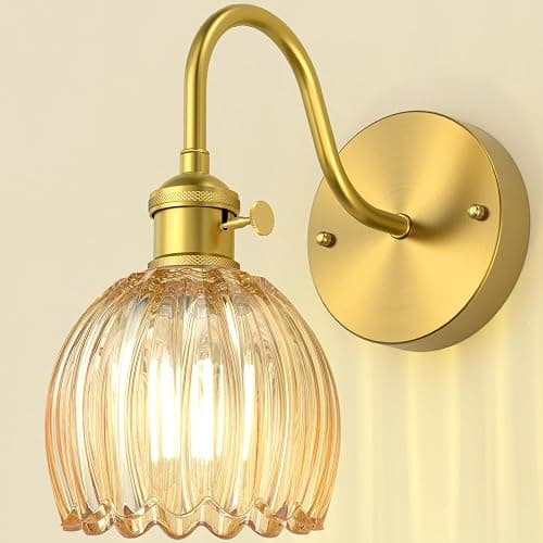 Phaosio Vintage Tulip Amber Glass Shade Hardwired Wall Sconce – 1 Pack Brass Mid Century Light Fixture for Bedroom Living Room Dining Room Hallway - Image 1