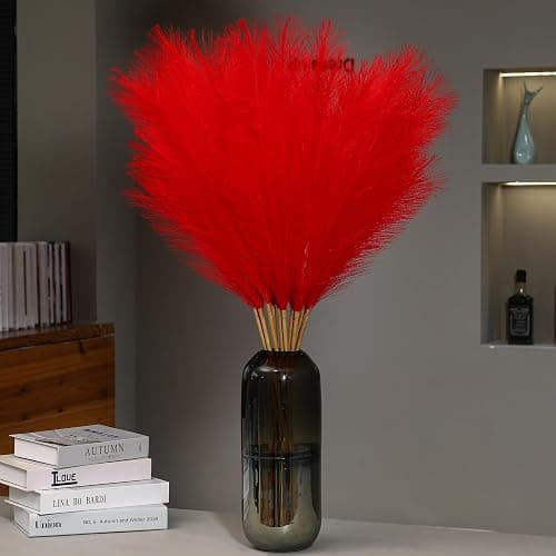 Wertuirk 9 Stems Red Pampas Grass - 38 Inch Tall Fluffy Faux Pampas Grass Decor, Long Artificial Pompas Floral for Living Room, Wedding Centerpieces and Home Decor (Red) - Red - Image 1
