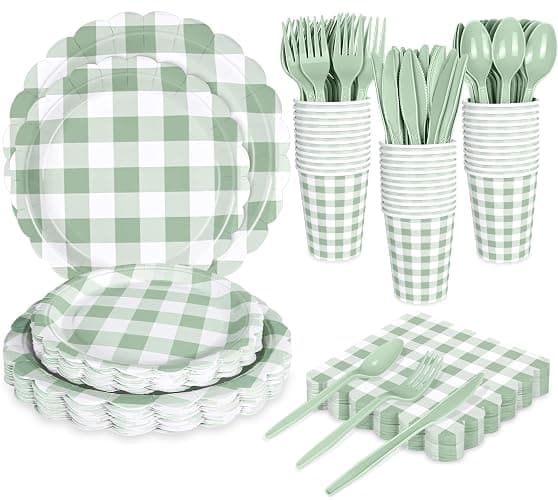 175 PCS Sage Green Gingham Plates and Napkins, Green Checkered Disposable Plates Set with Napkins Cups Plastic Spoons Forks Knives for Dinner Birthday Baby Shower Wedding Supplies Serve 25 Guests - Image 1