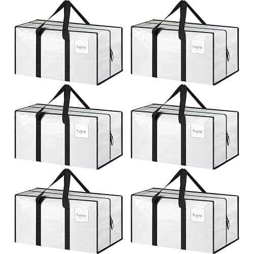 6 Pack Extra Heavy Duty Large Moving Bags with Strong Zipper & Comfortable Handles, Sturdy & Durable Clothes Storage Bags Totes Bins, Packing Moving Boxes for College Supplies, White - Image 1