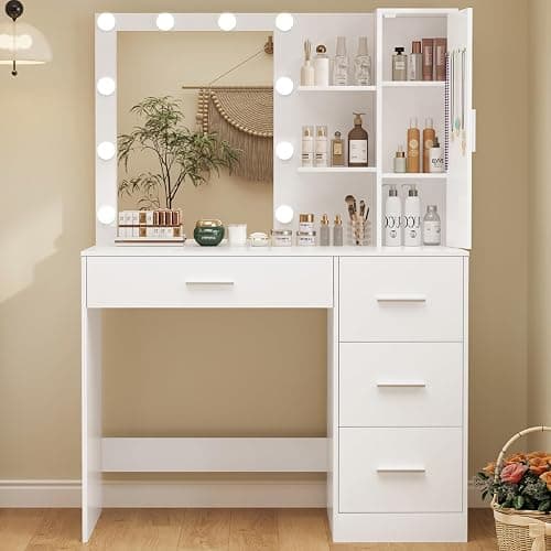 usikey Makeup Vanity with Lights, Vanity Desk with Mirror and 10 LED Lights, White Table with 4 Drawers, Cabinet & 4 Necklace Hooks, Dressing Table for Bedroom,Grils Vanity, White - Image 1