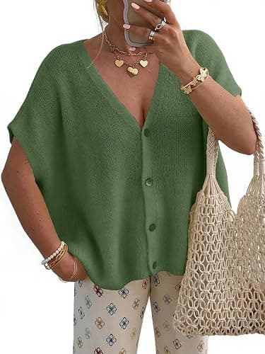 Womens Summer Short Sleeve Sweater Cardigan Lightweight Casual V-Neck Summer Tops Loose Fit Summer Clothes 2026 - Image 1