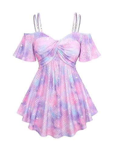 ROSE GAL Rosegal Women Plus Size Cold Shoulder Top Galaxy Moon Star Twist Chains Hollow Out Ombre Tie Tee - Image 1