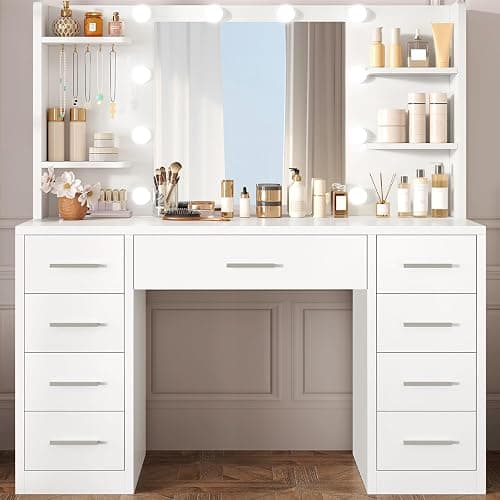 TEENFON Large Dressing Table with 3-Color LED Lighted Mirror, Adjustable Brightness, Makeup Vanity Table with 9 Drawers, 6 Shelves & 5 Jewelry Hooks, Vanity Desk for Bedroom, Dressing Room, White - Image 1