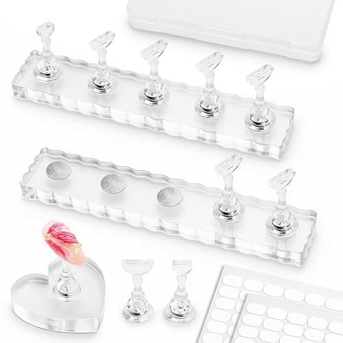 ESUOHYM Nail Stand For Press On Strong Magnetic Nail Art Supplies Display | Tip Holder For Painting Practice Hand Nails, 200Pcs Tape & 1 Heart Acrylic Presson Stands Kits with Case Nail Diy Accessories - Image 1