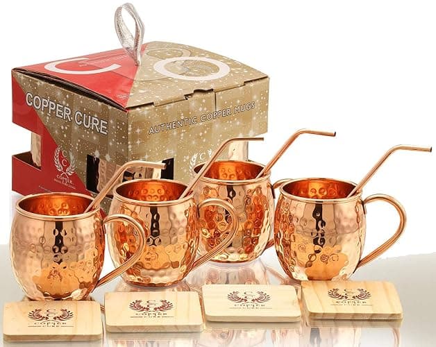 Solid Pure Copper Mugs – Set of 4 - Gift Set - Food Safe – Solid Copper Mug - Pure Copper Cups - 16 oz - Hammered with Bonus: Copper Straws and Coasters Gift Set by COPPER CURE - Image 1