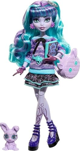 Monster High Creepover Party Doll, Twyla with Pet Bunny Dustin, Sleepover Clothes & Accessories like Hoodie, Book & Backpack - Image 1
