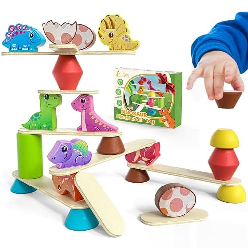 Montessori Dinosaur Toys for 1 2 3 4 Year Old Toddlers, Early Education Toys for Ages 2-4 Boys Girls Kids, Wooden Dinosaur Blocks Sorting & Stacking & Balance Toy, Ideal Preschool Birthday Gift - Image 1