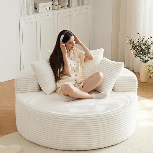 LUCKHAO 55'' Oversized Accent Chair, Comfy Corduroy Single Sofa with 3 Pillows, Upholstered Round Chair with Extra-Wide & Deep Seat for Living Room & Bedroom, White - Image 1