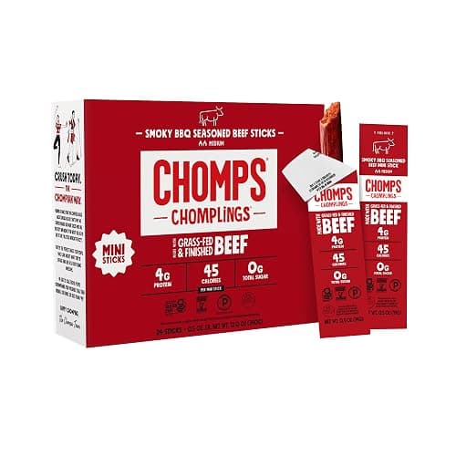 Chomps Snack Size Grass-Fed and Finished Smoky BBQ Beef Jerky Snack Sticks 0.5oz 24-Pack - Keto, Paleo, Whole30, 4g Lean Meat Protein, Gluten-Free, Zero Sugar Food, Non-GMO Chomplings - Image 1