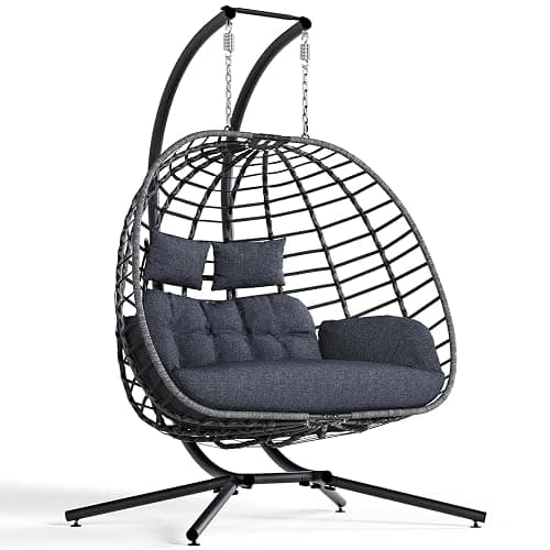 SWITTE Double Egg Swing Chair with Stand, Outdoor Patio 2 Person Hanging Wicker Hammock Chairs with Cushion for Indoor Bedroom, Lawn, Garden-Dark Grey - Image 1