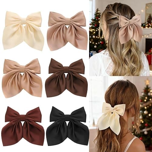6Pcs Hair Bows for Women, Bow Hair Clips, Silky Satin Hair Bows for Girls, Neutral Colors Hair Ribbon, Cute Bow Clips for Women, Hair Accessories Chirstmas Gifts - Image 1