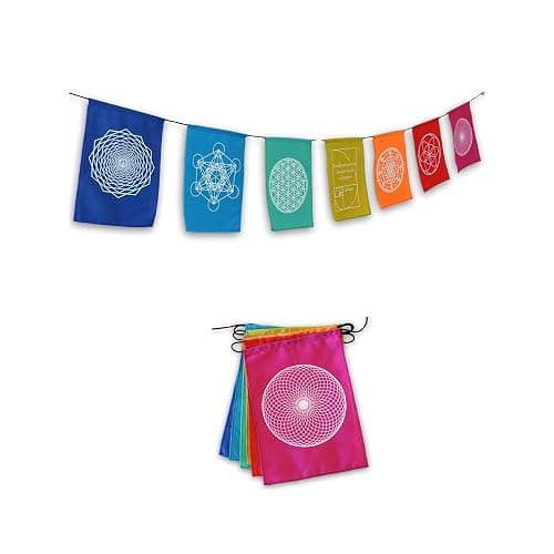 Sacred Geometry Rainbow Prayer Flags Positive Energy Shri Yantra, flower of life, seed of life, (9X12 multi) Our flags are hand printed and stitched by a Balinese family in indonesia - Image 1