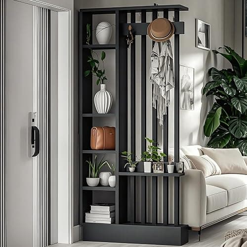 Fakednss Freestanding Room Divider with Shelves, Modern Wall Room Dividers with Coat Rack and Storage Cabinet, Entrance Hall Partition Screen Column Floor to Ceiling, Privacy Screens for Home Office - Image 1