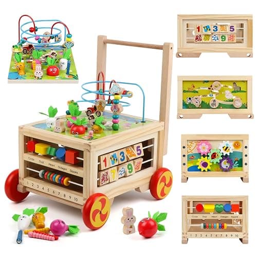 Wooden Activity Cube 7-in-1 Montessori Toy Multipurpose Educational Learning Toy for 1+ Year Old Baby Toddler Kid Boy First Birthday Gift Bead Maze Gear Number Animal Board Carrots Harvest Game - Image 1