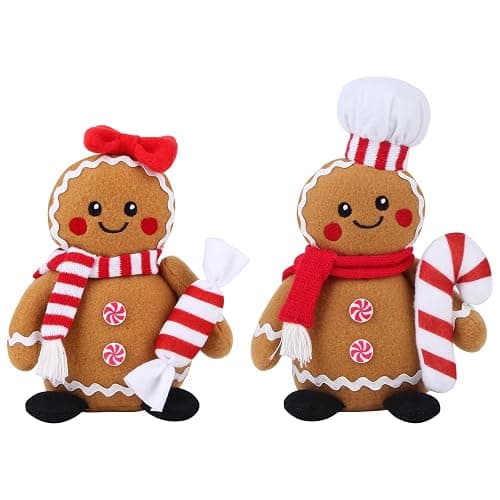 BWFY Christmas Gingerbread Man Plush Toys Set of 2, Festive Gingerbread Couple Stuffed Animals with Candy Props, Xmas Decorations & Gifts, Christmas Holiday Home Decor - Image 1