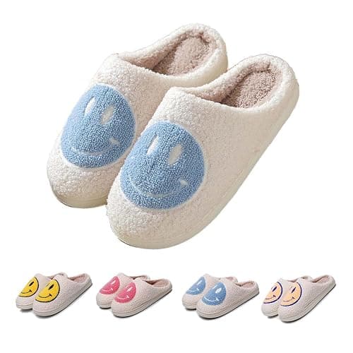 FACAXEDRE Smile Face Slippers for Women - Indoor Outdoor Retro Happy House Slides, Soft Fluffy Cushion Furry Shoes - Blue - 6.5-7.5 Women/5.5-6.5 Men - Image 1