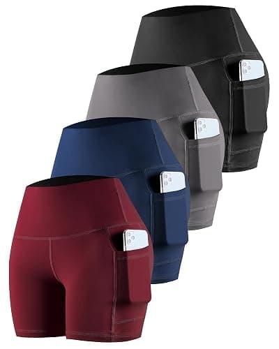 CHRLEISURE Womens Biker Yoga Shorts with Pockets: High Waisted Tummy Control Spandex Workout Athletic Gym Shorts 4 Packs - 5” - Medium - 4 Packs - Black/Gray/Navy /Burgundy - Image 1
