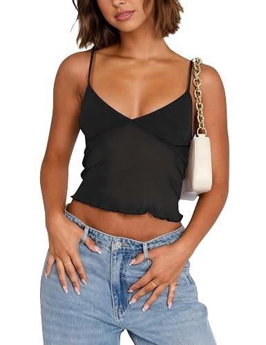 KIGRAD Women Y2K Sleeveless Sheer Lace Mesh Crop Tank Spaghetti Straps V Neck Lingerie Cami Backless Going Out Tops - Small - Black - Image 1