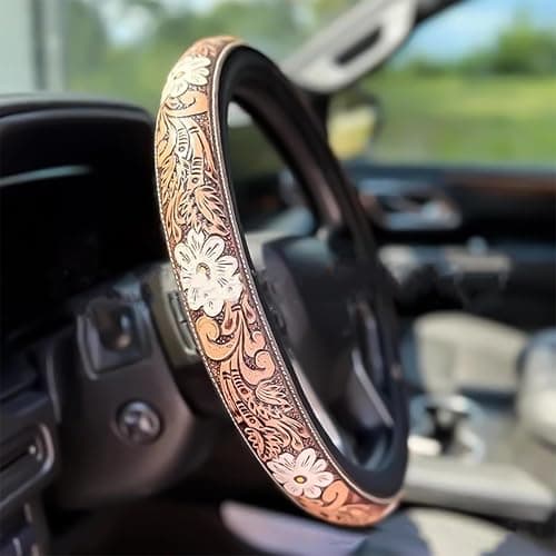 Western Leather Steering Wheel Cover - Retro Western Cowboy Handcrafted Tooled Leather, Anti Slip Universal, Auto Interiors Accessories, Breathable for Suvs,Trucks (C) - Image 1