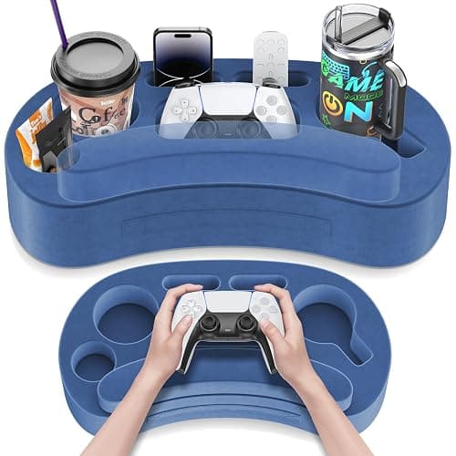 Couch Cup Holder Pillow with 6 Slots, Couch Organizer Caddy & Buddy with Customized Game Controller Hole & Armrest Pads, Removable & Washable Drink Pillow Gamer Gift for Remote, Phone, Snack - Image 1