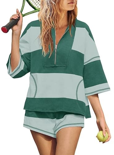 Yanekop Womens 2 Piece Outfits Summer Striped Workout Set Two Piece Matching Lounge Sets Half Sleeve Tops and Short Sets - Image 1