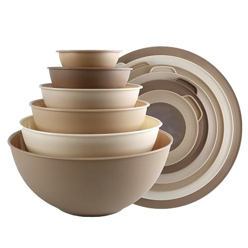 COOK WITH COLOR Mixing Bowls with TPR Lids - 12 Piece Plastic Nesting Bowls Set includes 6 Prep Bowls and 6 Lids, Microwave Safe (Brown) - Image 1