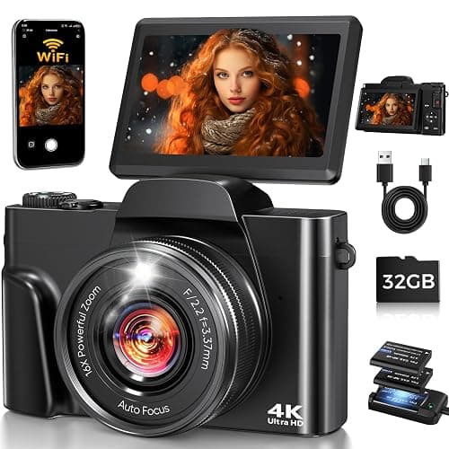 4K Digital Camera for Photography with WiFi,64MP Autofocus 3'' 180° Flip Screen 16X Zoom Vlogging Camera for YouTube, Compact Travel Camera for Beginners, Anti-Shake, 32GB Card, 2 Batteries, Black - Image 1