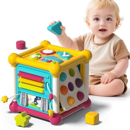 PANITU Baby Activity Cube, Cube Toys for Babies 6-12 Months, Toddler Music Busy Board with 4 Sensory Shape Blocks, 6-in-1 Educational Early Development Toy, Christmas, Birthday Gift for 1 Year Old - Image 1