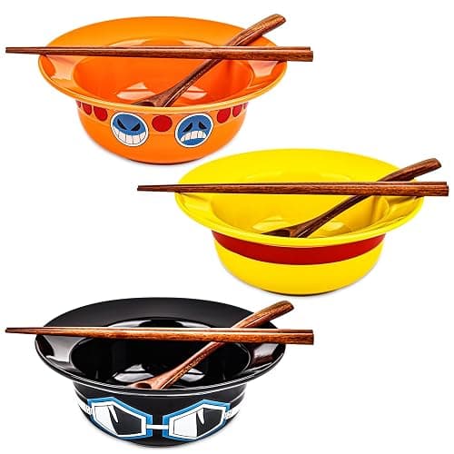 Clakioom 3 Piece Anime Ramen Bowl, Ramen Bowl Set,Straw Hat Design Japanese Ramen Ceramic Bowl Set of 9 with Chopsticks and Spoon - Image 1